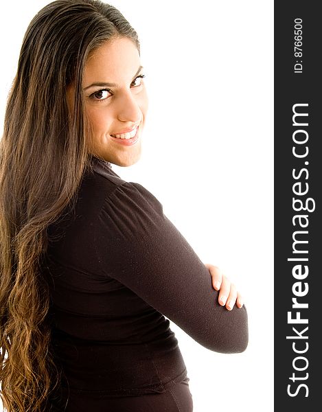 Fashionable woman looking from back with white background