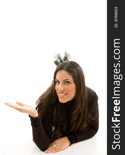 Hispanic female posing with hand gesture against white background