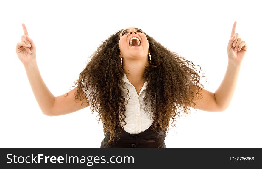 Fashionable woman showing happiness with white background