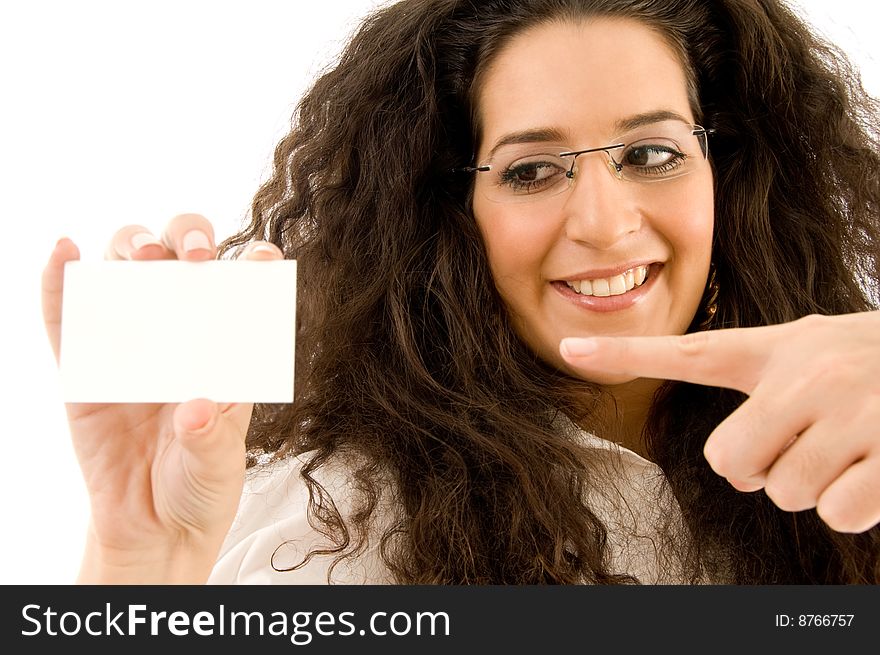 Professional woman pointing at business card on an isolated white background
