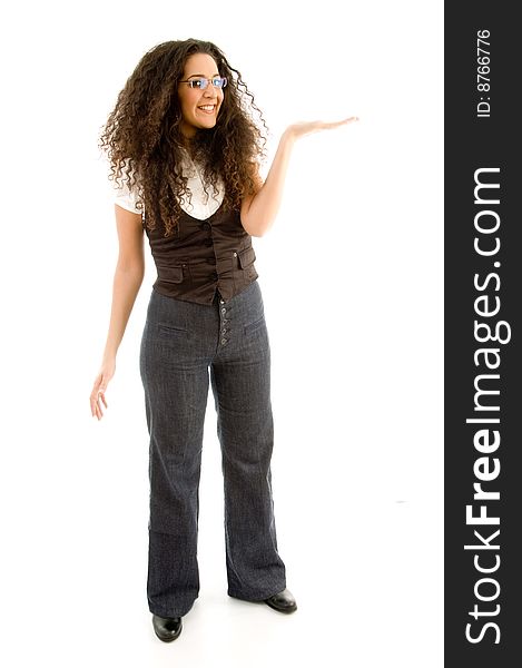 Fashionable woman holding something with hand gesture with white background