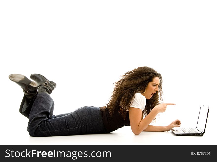 Woman Lying On The Floor And Working On Laptop