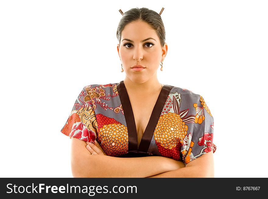 Pretty young woman in kimono with white background