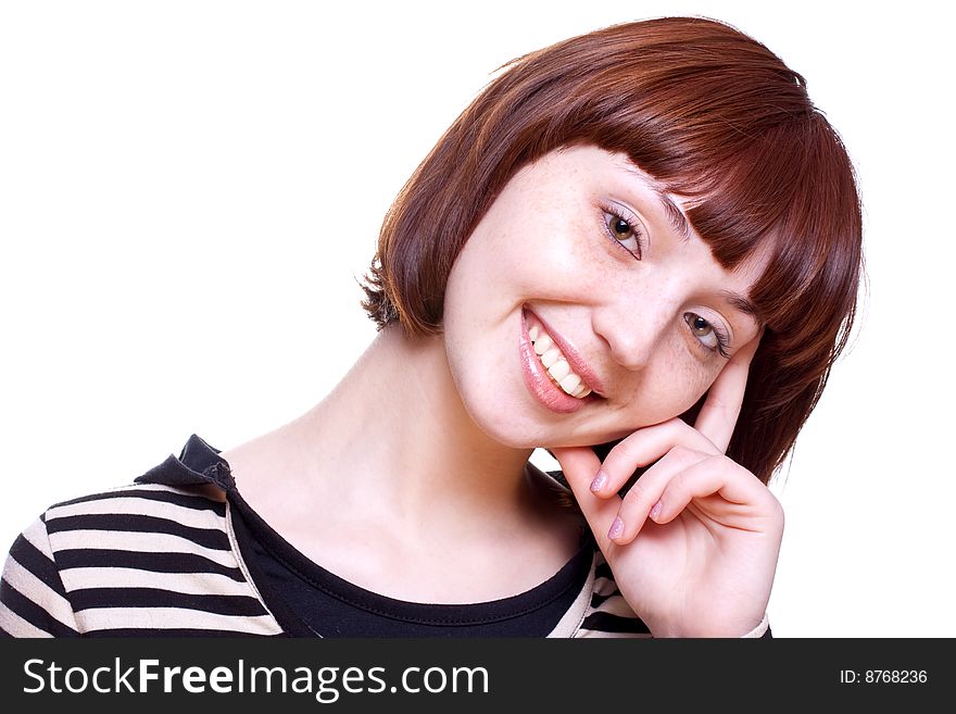 Laughing girl in a T-shirt on a white background