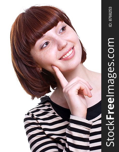 Laughing girl in a T-shirt on a white background