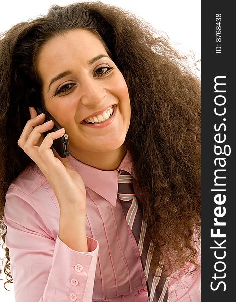 Pretty Female Smiling And Talking On Phone
