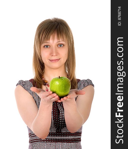 Pretty woman with apple on white background