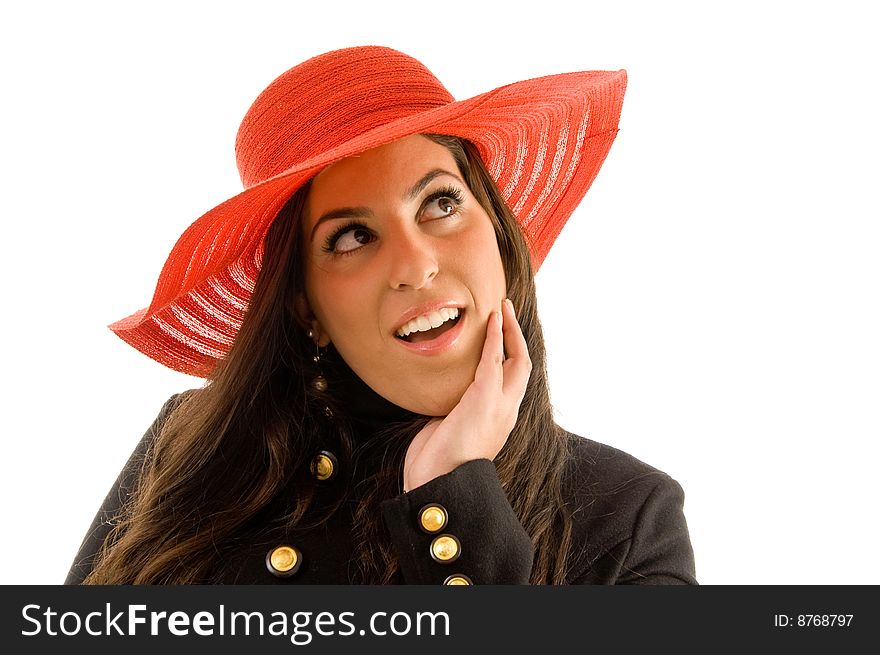 Close up of smiling female wearing hat on an isolated background