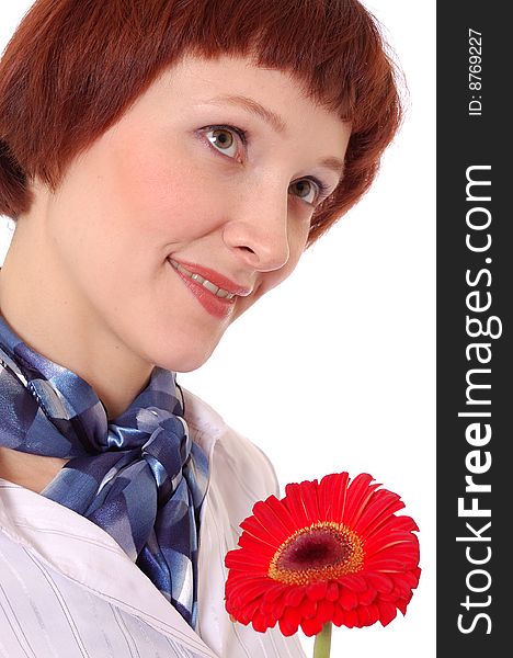 Beautiful girl with red gerbera isolated on a white background