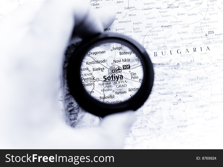 Selective focus on antique map of  Sofiya