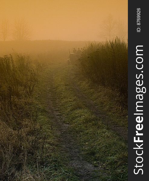 Foggy morning and non-urban scene in southern Poland