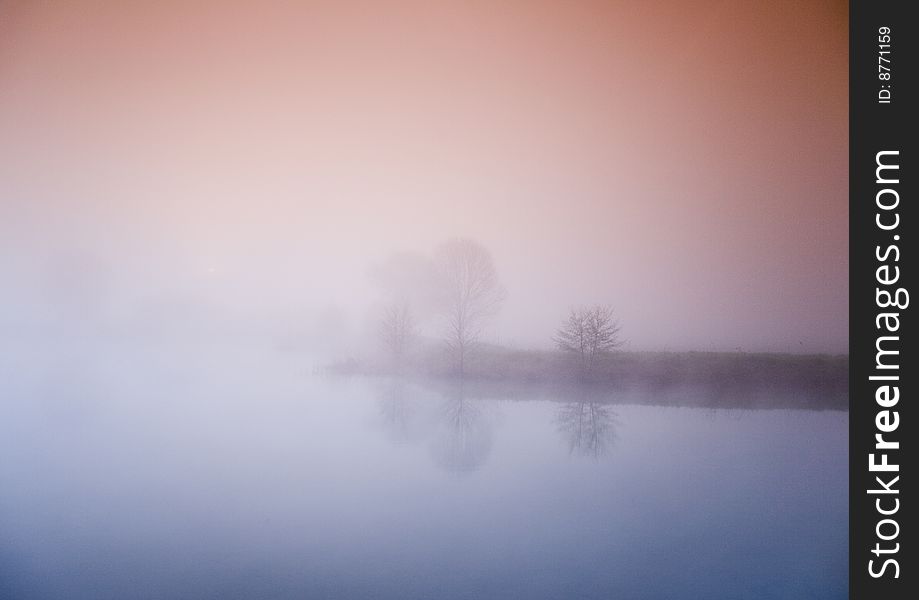 Foggy morning and non-urban scene in southern Poland