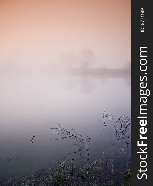 Foggy morning and non-urban scene in southern Poland