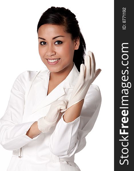 Beautifull Indonesian Nurse Putting Gloves On Free Stock Images 2479