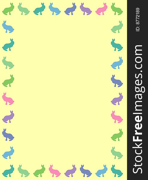 Border silhouette of coloured rabbits on yellow. Border silhouette of coloured rabbits on yellow