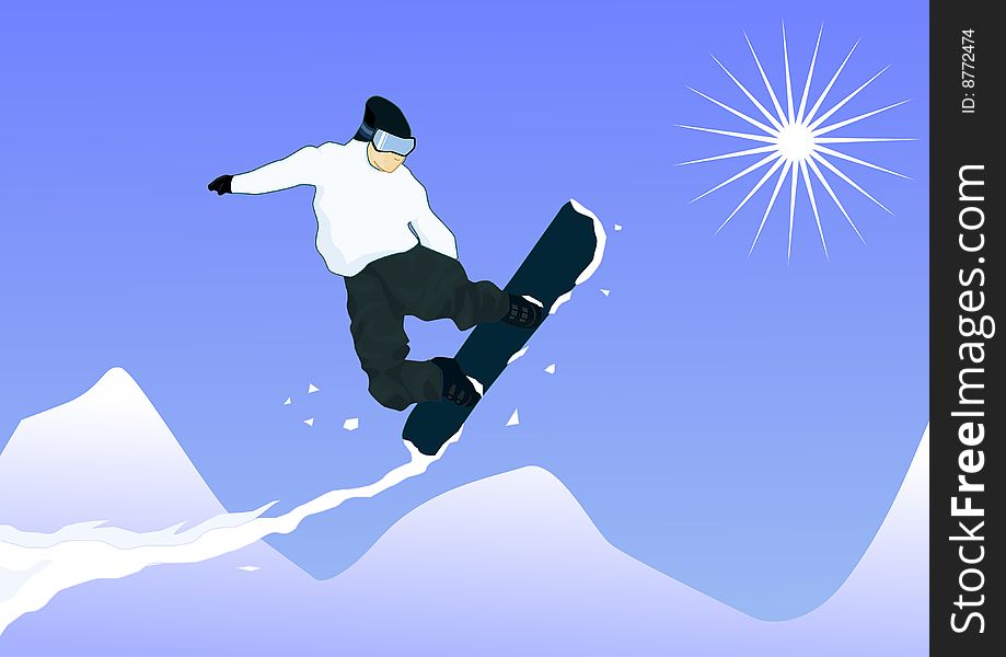 A winter sport illustration of a snowboard jump