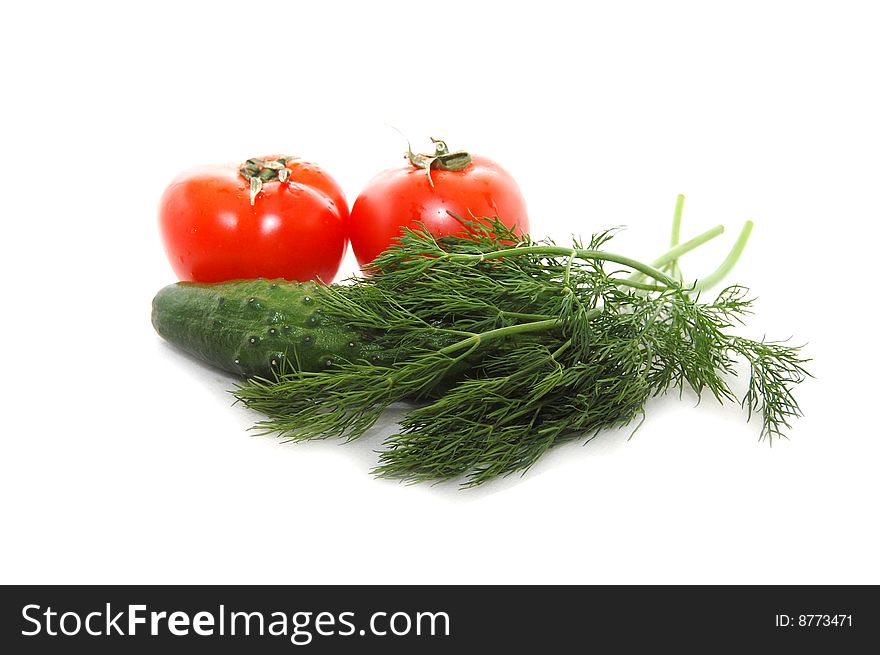 Fennel, tomatoes and cucumbers on a white isolated background. Fennel, tomatoes and cucumbers on a white isolated background