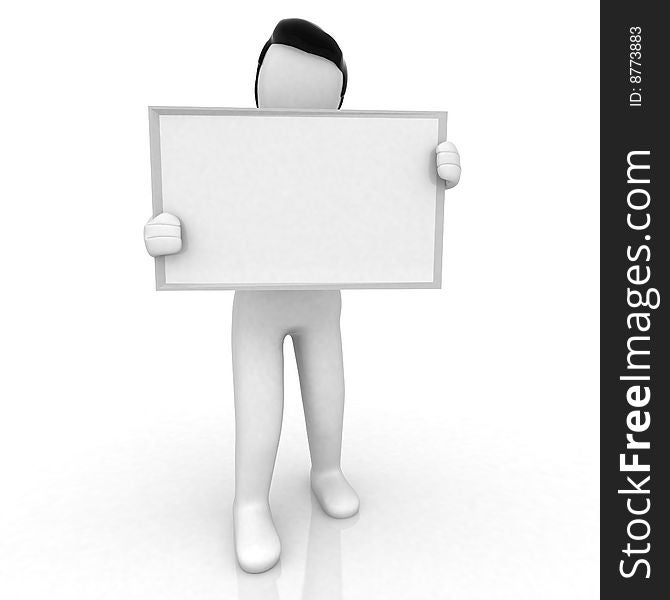 3D human with blank presentation frame on white background. 3D human with blank presentation frame on white background