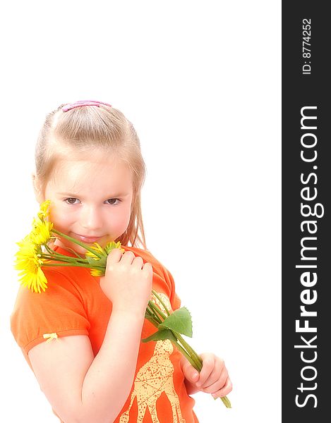 Cute girl holding a long flowers. White background.