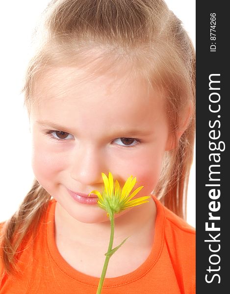 Cute girl holding a long flowers. White background.