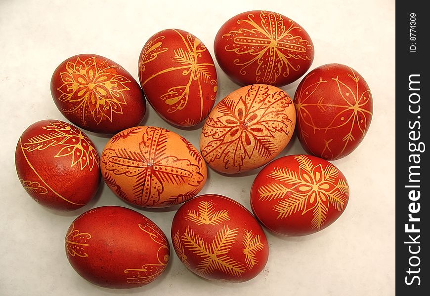 Group of traditional red easter eggs