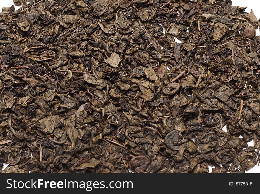 Green tea, dry, sheet insulated on white background. Green tea, dry, sheet insulated on white background