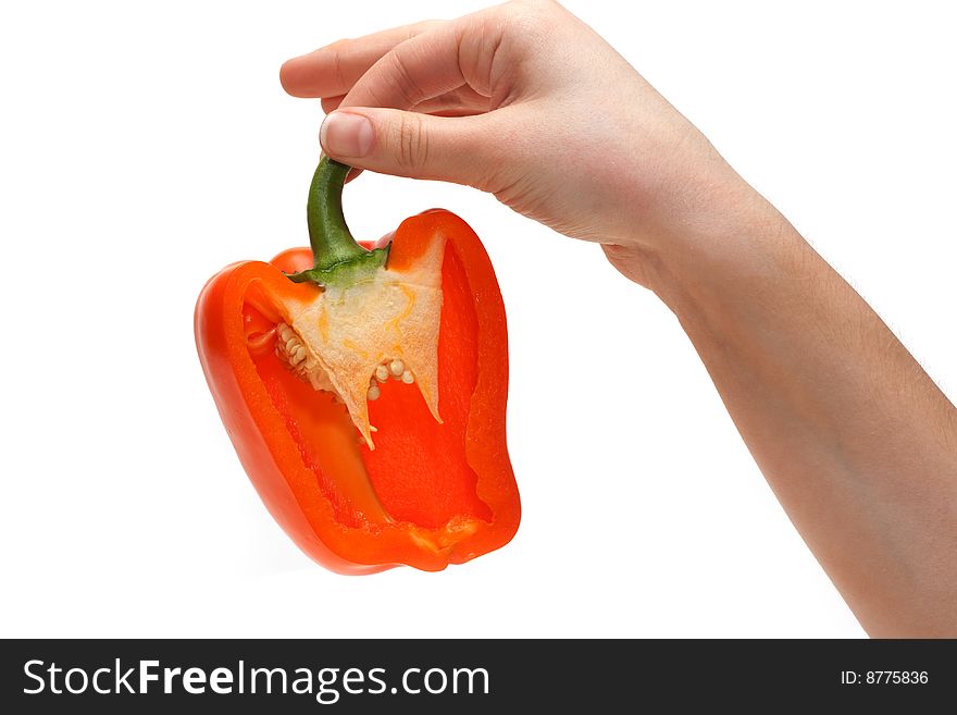 Cut bulgarian pepper on palm insulated on white background. Cut bulgarian pepper on palm insulated on white background