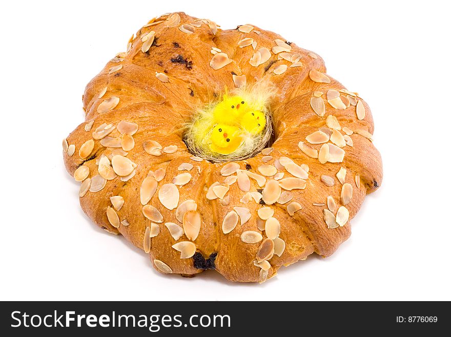 Easter pastry wreath with a nest of chicken in it. Easter pastry wreath with a nest of chicken in it