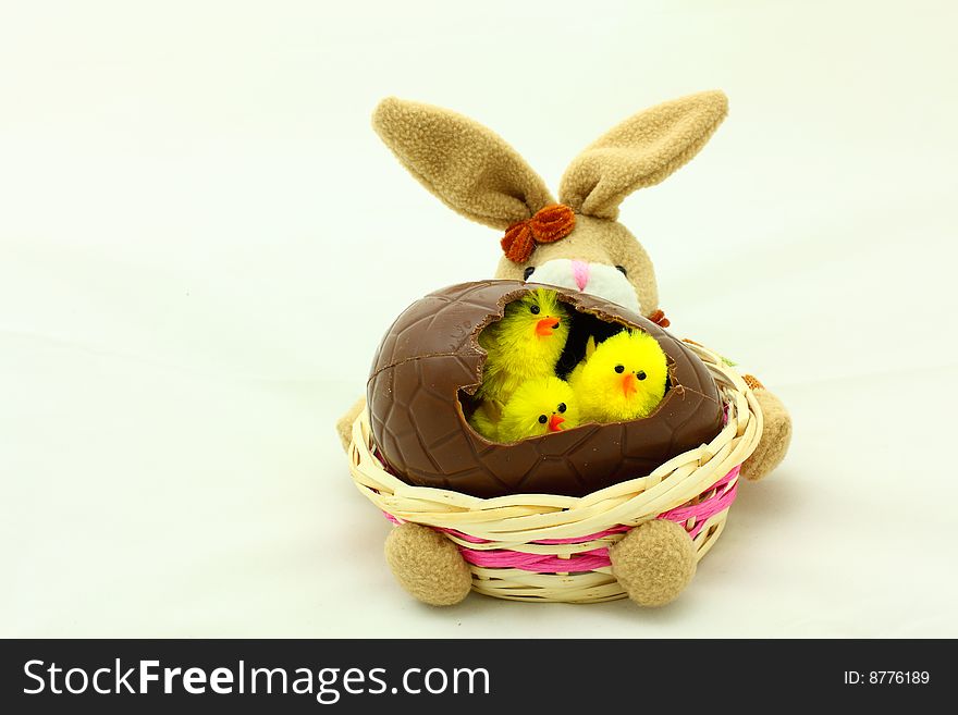 Close-up of easter bunny basket with yellow chicken. Close-up of easter bunny basket with yellow chicken