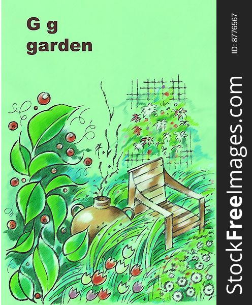 Illustrated alphabet for children g- garden. Illustrated alphabet for children g- garden