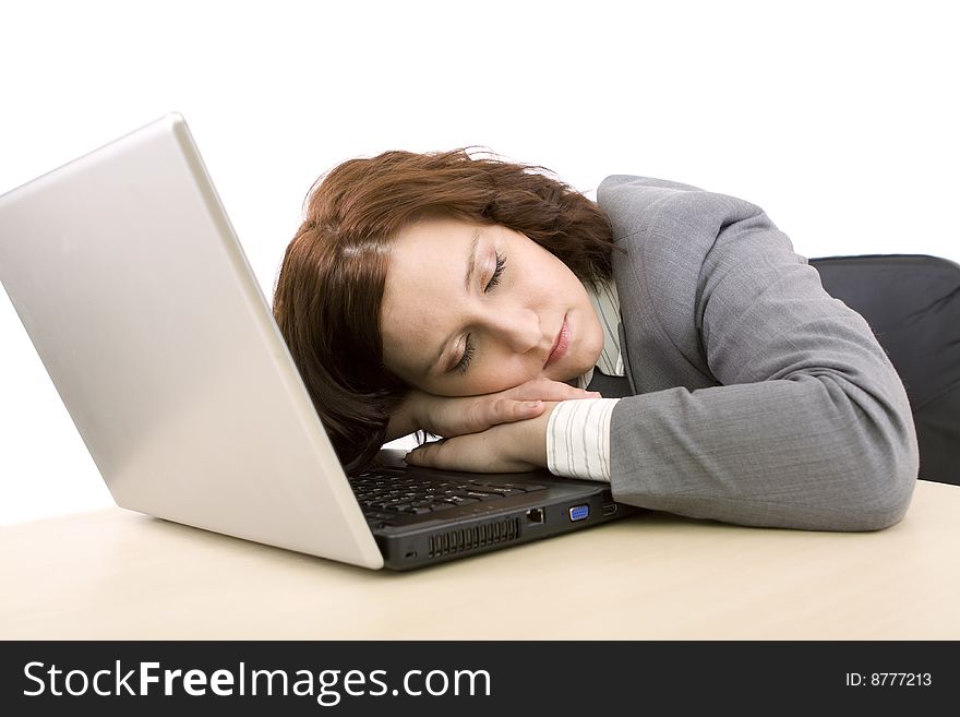 Woman with laptop on a white background