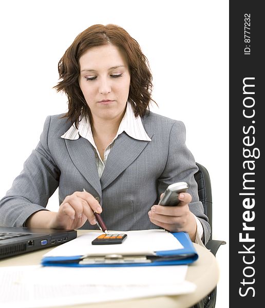 Woman with laptop on a white background