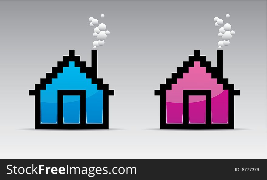 Two color pixel of a lodge with smoking pipes. Two color pixel of a lodge with smoking pipes