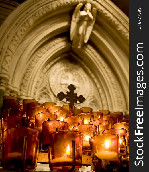 View of rows of candles in Saint Patrick Church in New York.