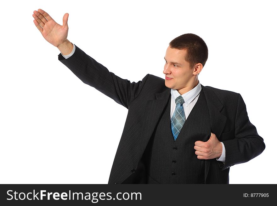 Young businessman with raised hand on white background