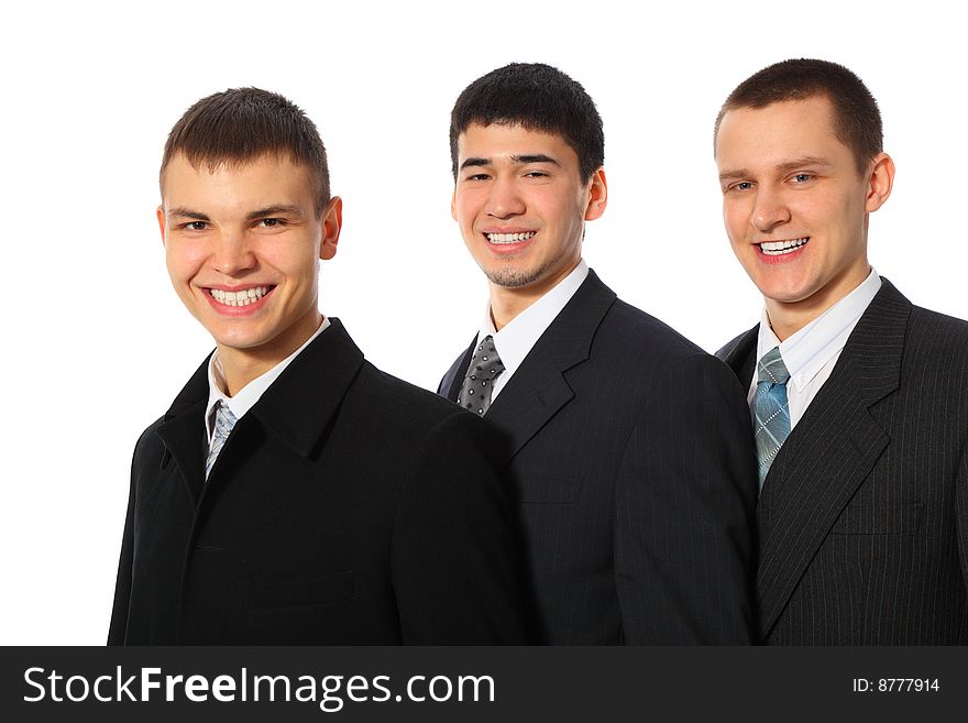 Three smiling businessmen on white background