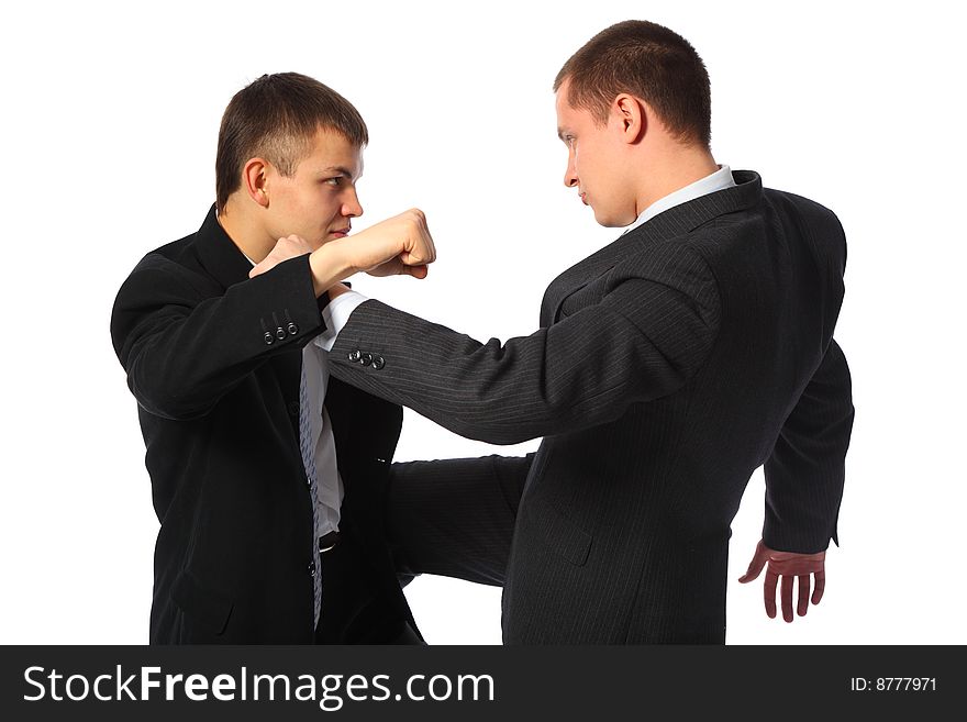 Two fighting businessmen on white background