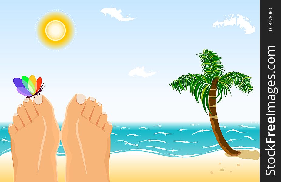 Summer holidays sunbathing and relaxation on a tropical beach with palm tree and golden sands. Raster illustration. Vector file saved as EPS AI8 also available. Summer holidays sunbathing and relaxation on a tropical beach with palm tree and golden sands. Raster illustration. Vector file saved as EPS AI8 also available.