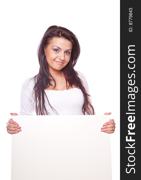 Beautiful woman holding empty white board. Beautiful woman holding empty white board