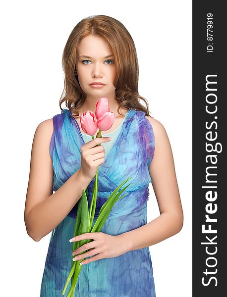 Beautiful girl with tulips over white