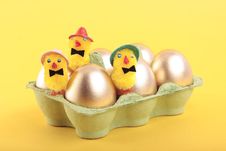 Golden Easter Eggs And Chicks In Carton Royalty Free Stock Photo Golden Easter Eggs And Chicks In Carton Royalty Free Stock Photo