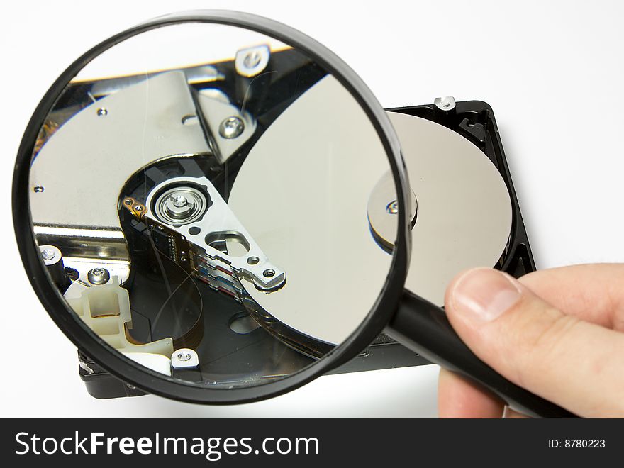 Open Hard Drive With Magnifying Glass