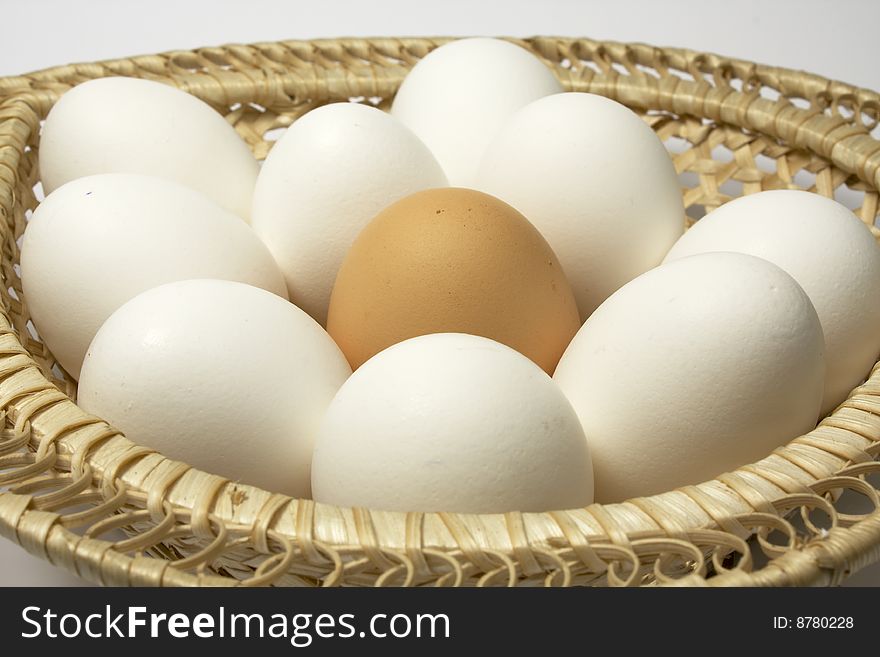 Eggs in a basket. All white, one brown