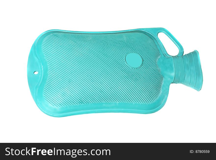 Green/blue hot water bottle on white background.