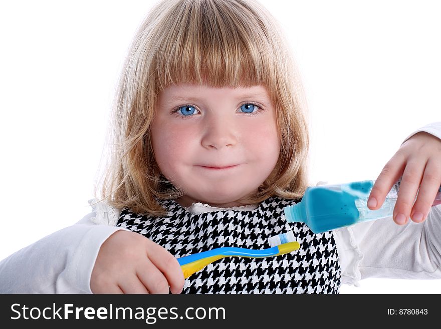 Little Girl With Brushes For Teeth