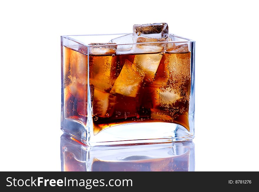 Square vase with ice and cola on white background
