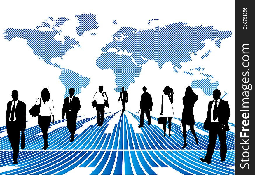 Illustration of business people and map