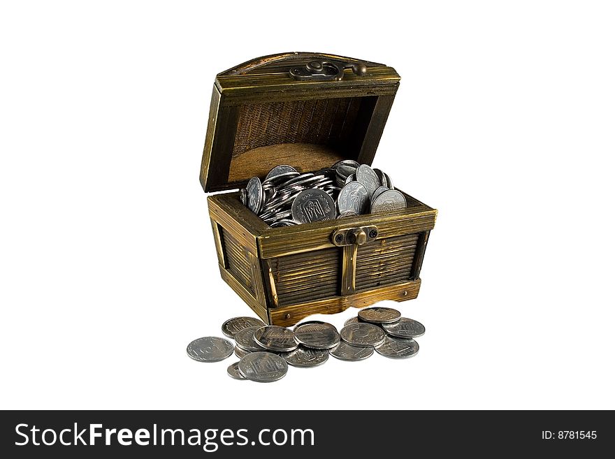 Brown chest with coins on white background