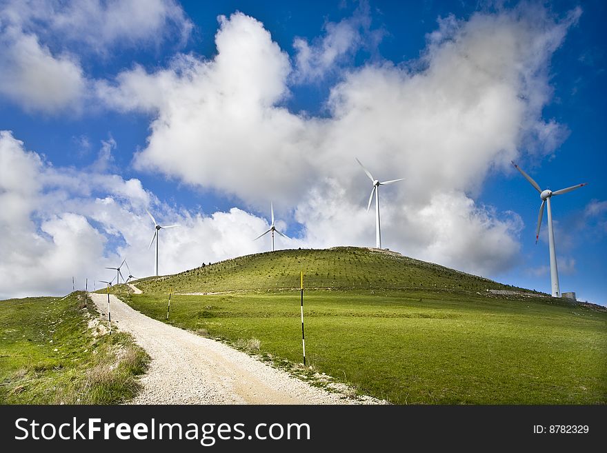 Mountain landscape with wind blade plant. Mountain landscape with wind blade plant