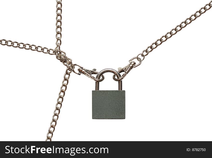 Padlock with fastened chains isolated on white background. Padlock with fastened chains isolated on white background